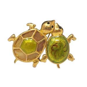 Vintage Gold Tone Enamel Turtles Brooch, Signed KC, Kenneth Cole